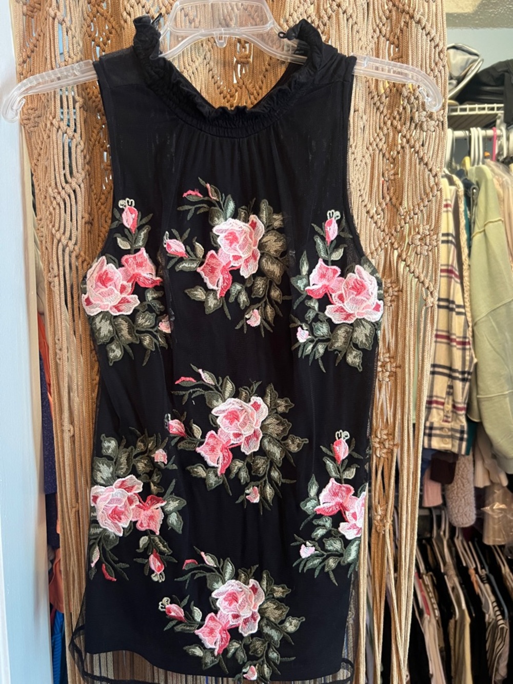 INC International Concepts Black Sheer Embroidered Floral Tank